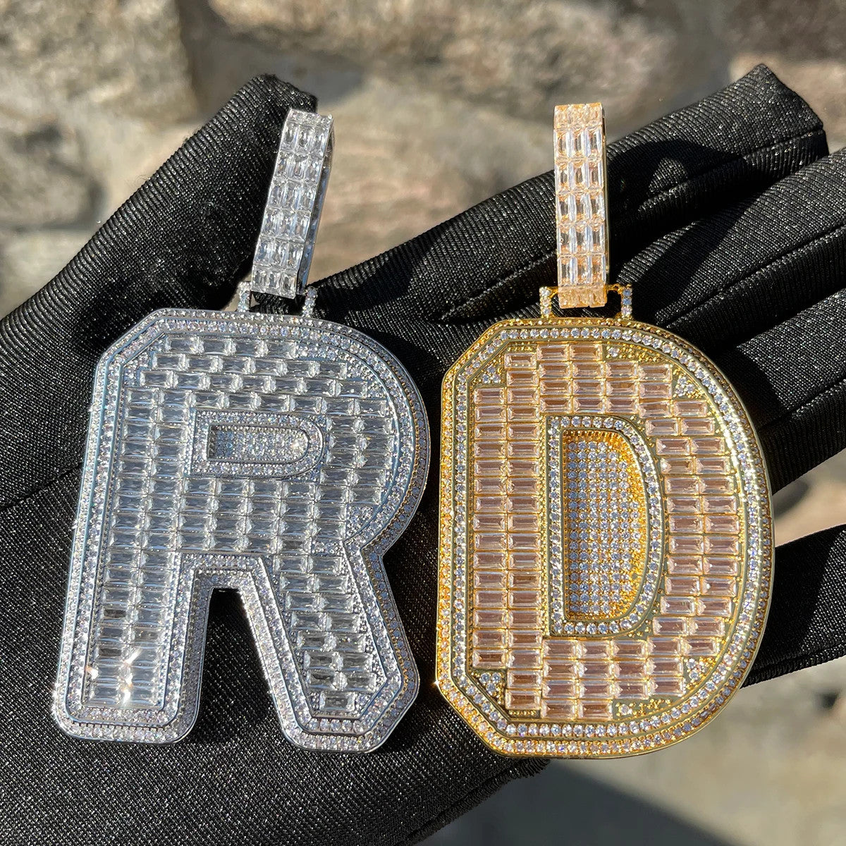 Mens Flooded Ice Baguette Initial Letter Hip Hop Pendant Chain Necklace