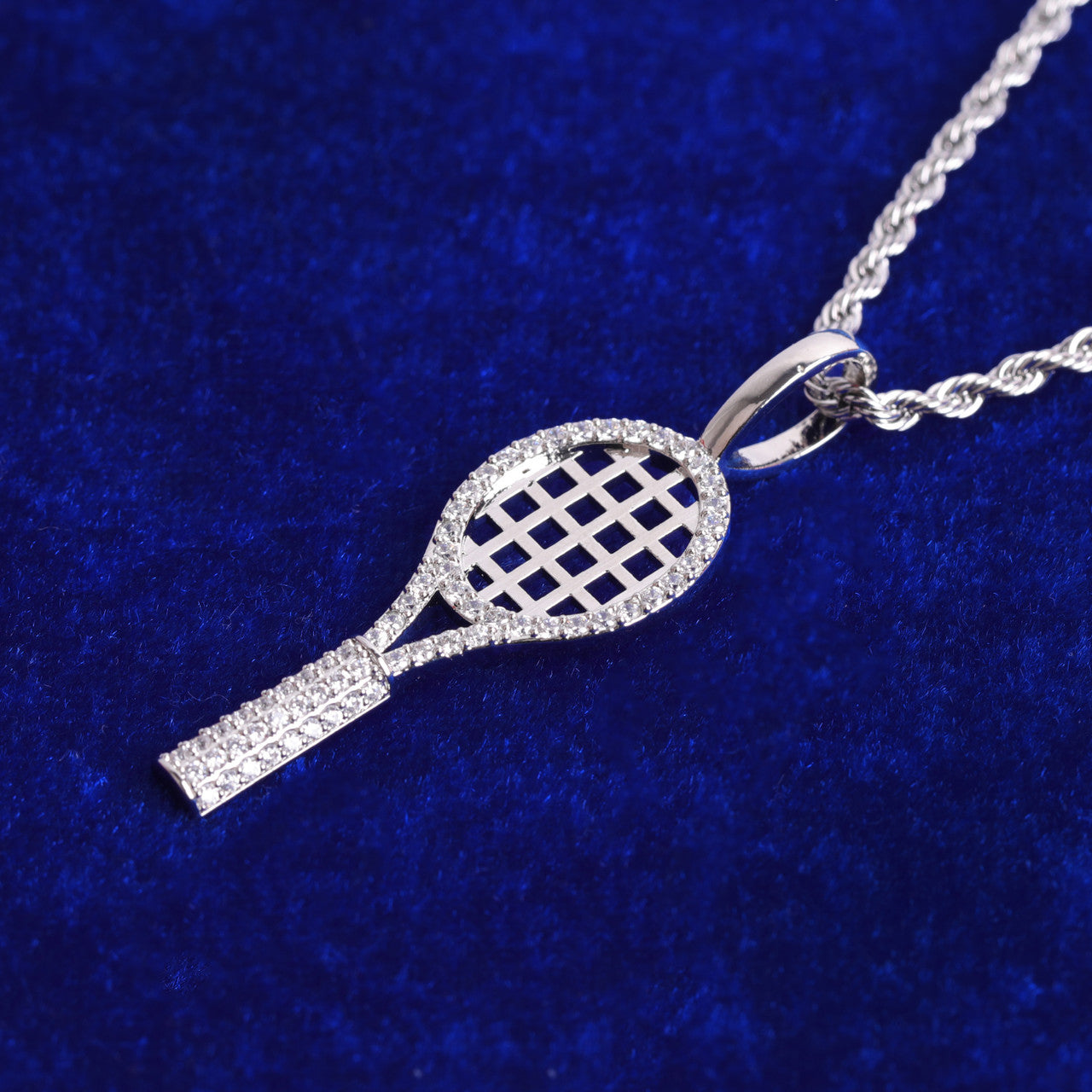 24k Gold 925 Silver Badminton Tennis Racket Hip Hop Pendant Chain Necklace