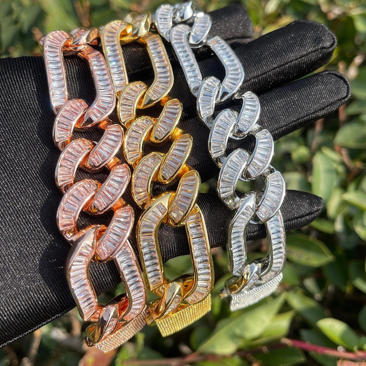 Mens 20mm 24k Gold 925 Silver All Baguette Figaro Hip Hop Bracelet