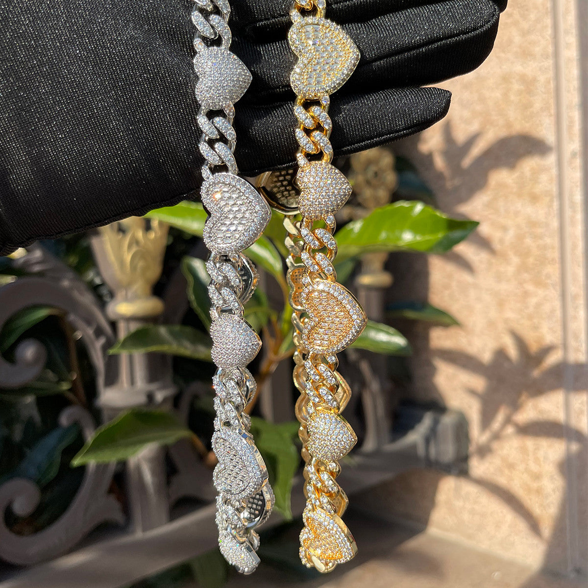 Ladies 24k Gold 925 Silver Iced Big Heart Cuban Link Choker Chain Necklace