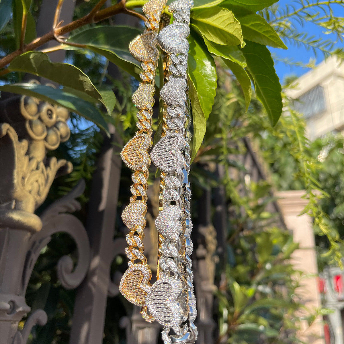 Ladies 24k Gold 925 Silver Iced Big Heart Cuban Link Choker Chain Necklace