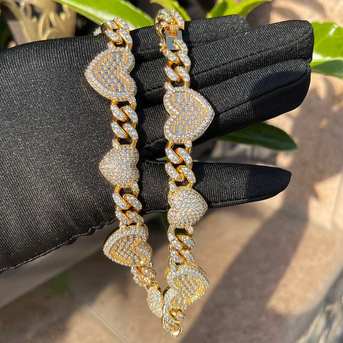 Ladies 24k Gold 925 Silver Iced Big Heart Cuban Link Choker Chain Necklace