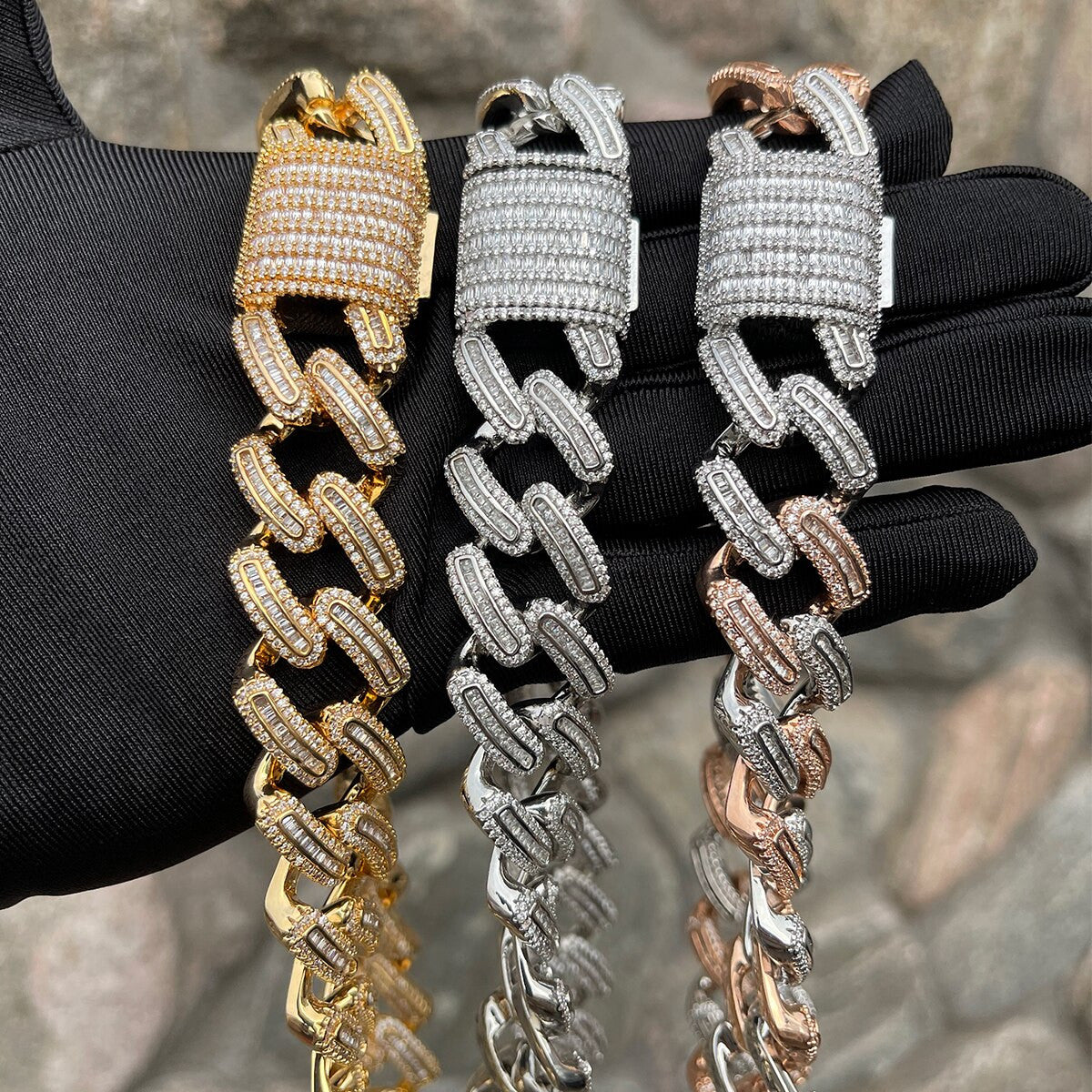 Rose Gold Iced Miami Cuban Link Hip Hop Street Wear Baguette Chain Necklaces