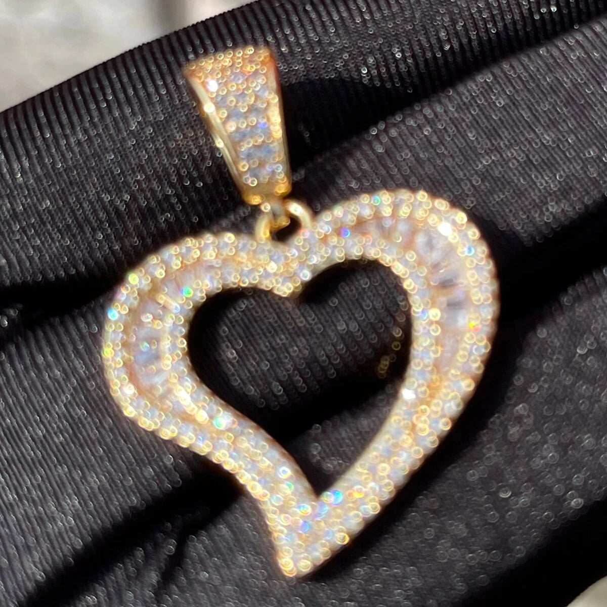 Ladies 24k Gold Silver Rose Baguette Open Heart Iced Blinged Out Necklace