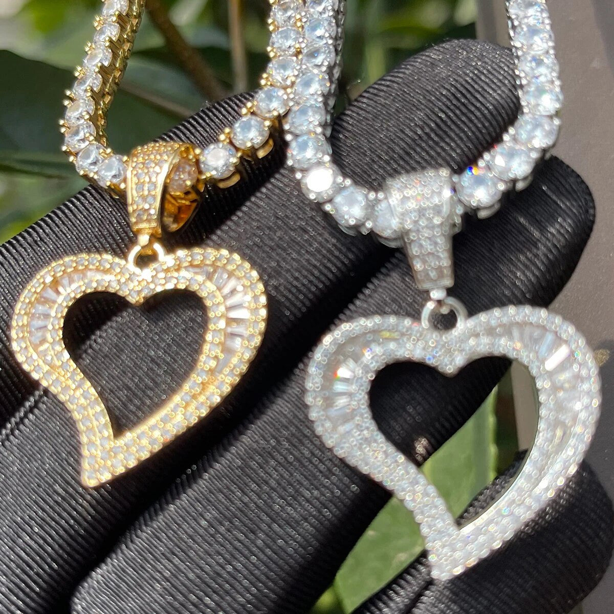 Ladies 24k Gold Silver Rose Baguette Open Heart Iced Blinged Out Necklace