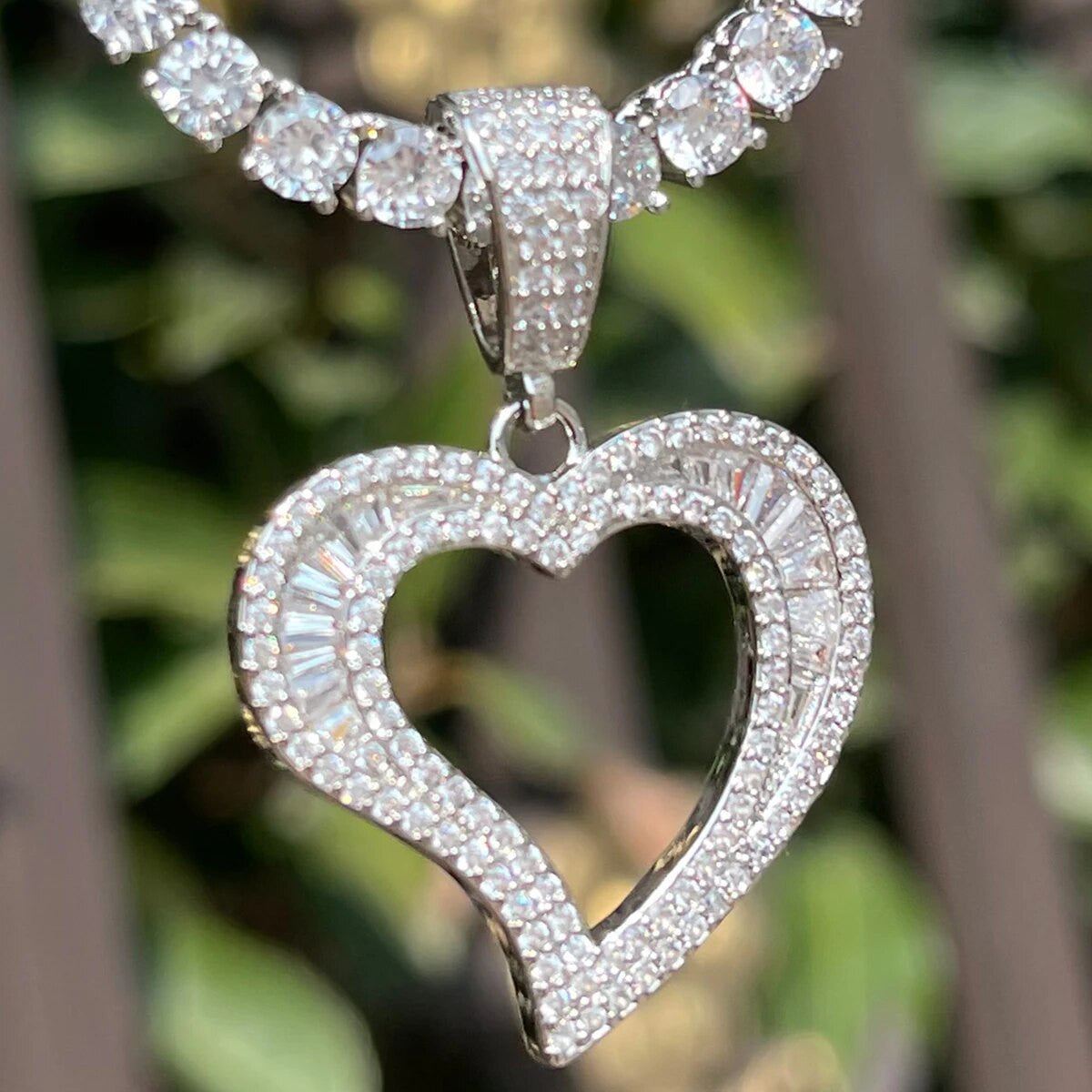 Ladies 24k Gold Silver Rose Baguette Open Heart Iced Blinged Out Necklace