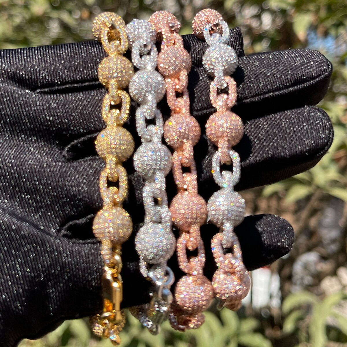 Ball N Chain | Flooded Ice Gold Silver Rose Hip Hop Simulate Diamond Pave Bracelets