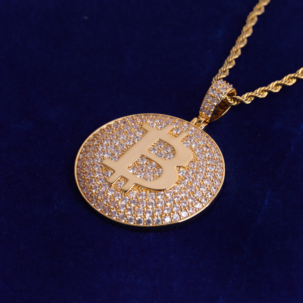 Flooded Ice 5A Stone Bitcoin 24k 925 Silver Rose Gold Hip Hop Pendant Chain Necklace