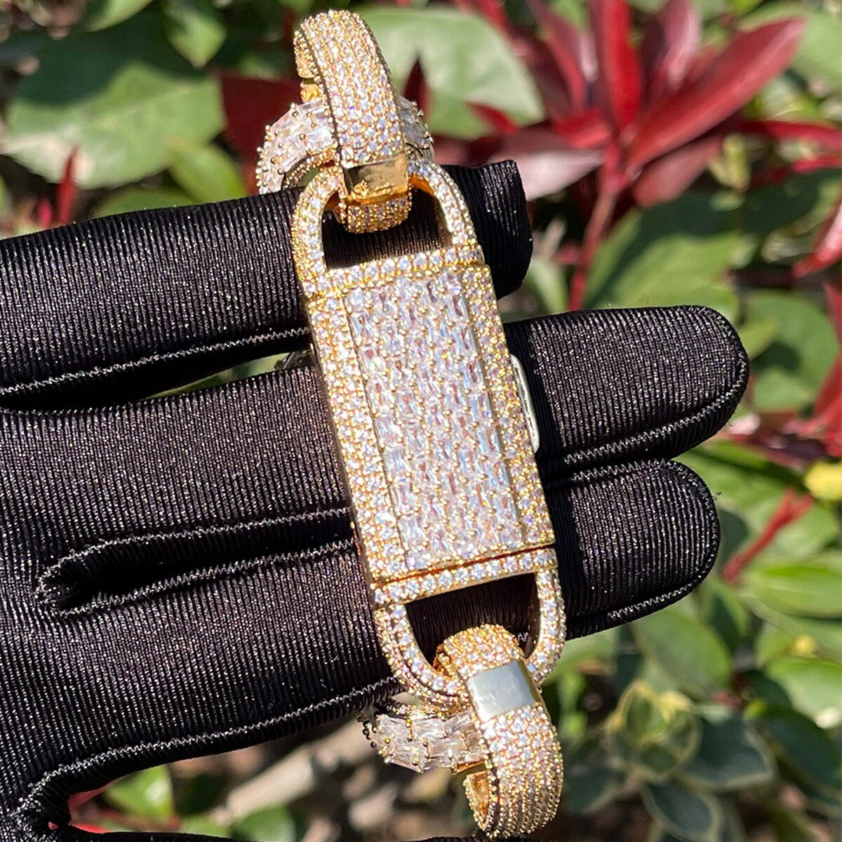 Flooded Ice Gold Silver Rose Baguette Rolo Link Iced Clasp Hip Hop Bracelets