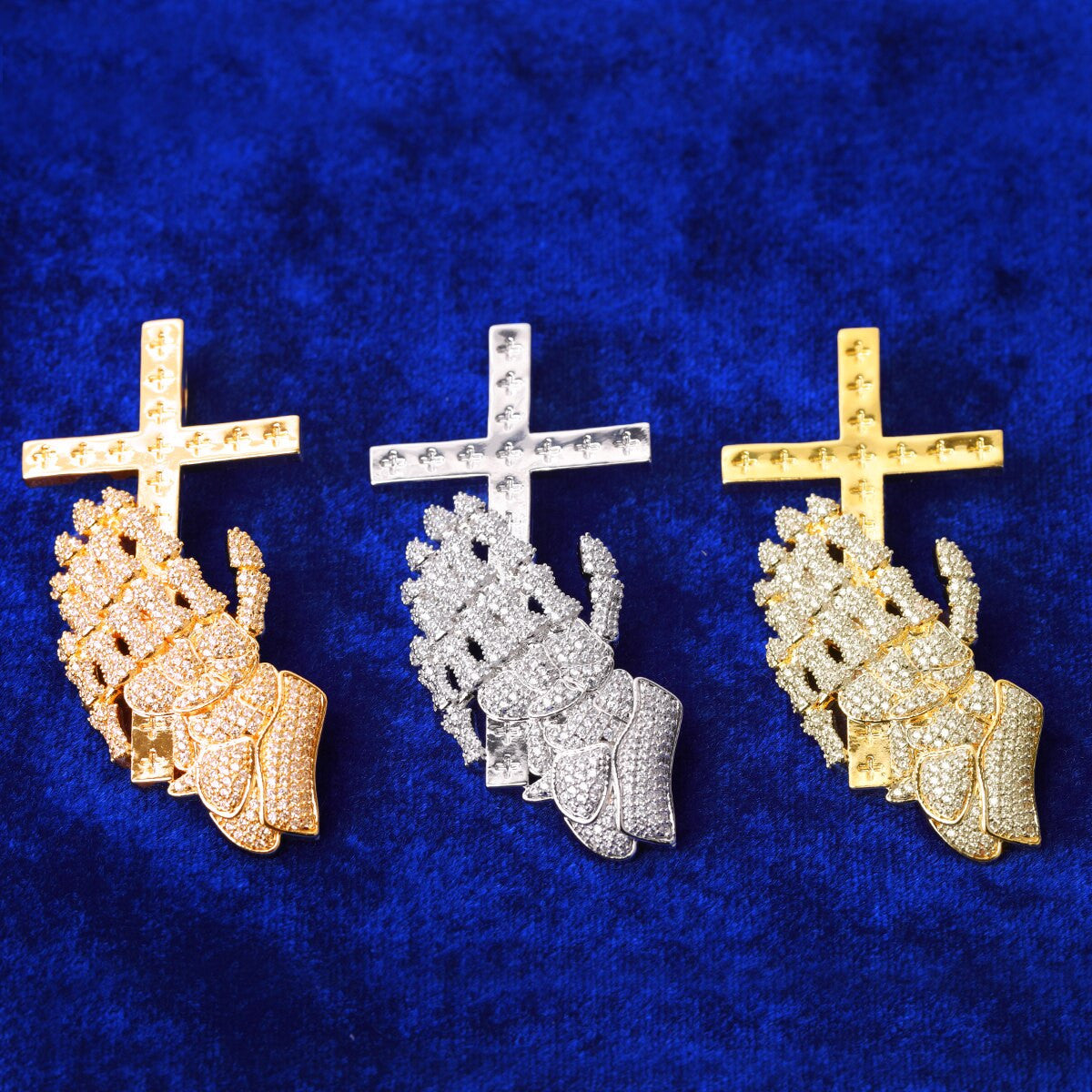 Prayer Hands Holding Cross Iced True Micro Pave Blinged Out Pendant Chain Necklace