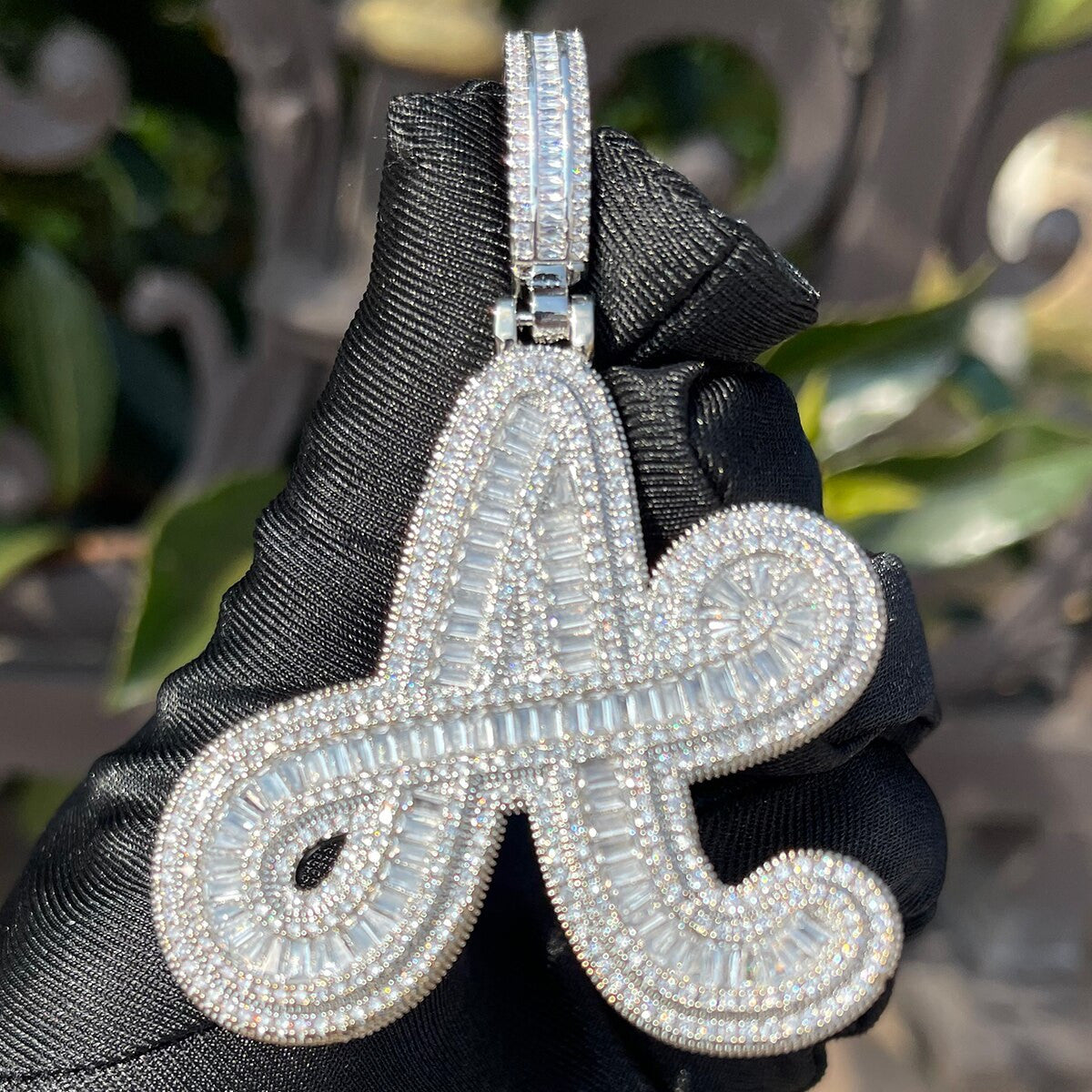 IcedAge | Flooded Ice Custom Cursive Baguette Prong Set Hip Hop Initial Pendant