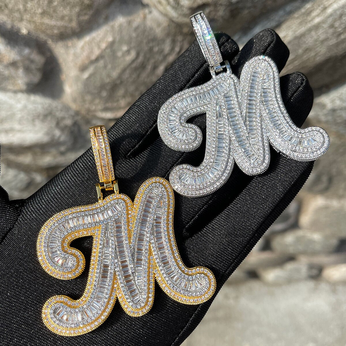 Mens Flooded Ice Custom Cursive Baguette Prong Set Hip Hop Initial Pendant Chain