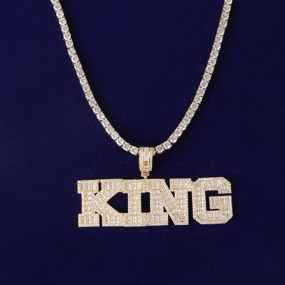 Mens Flooded Ice 24k Gold 925 Silver Baguette Hip Hop Custom Made Pendant Chain Necklace