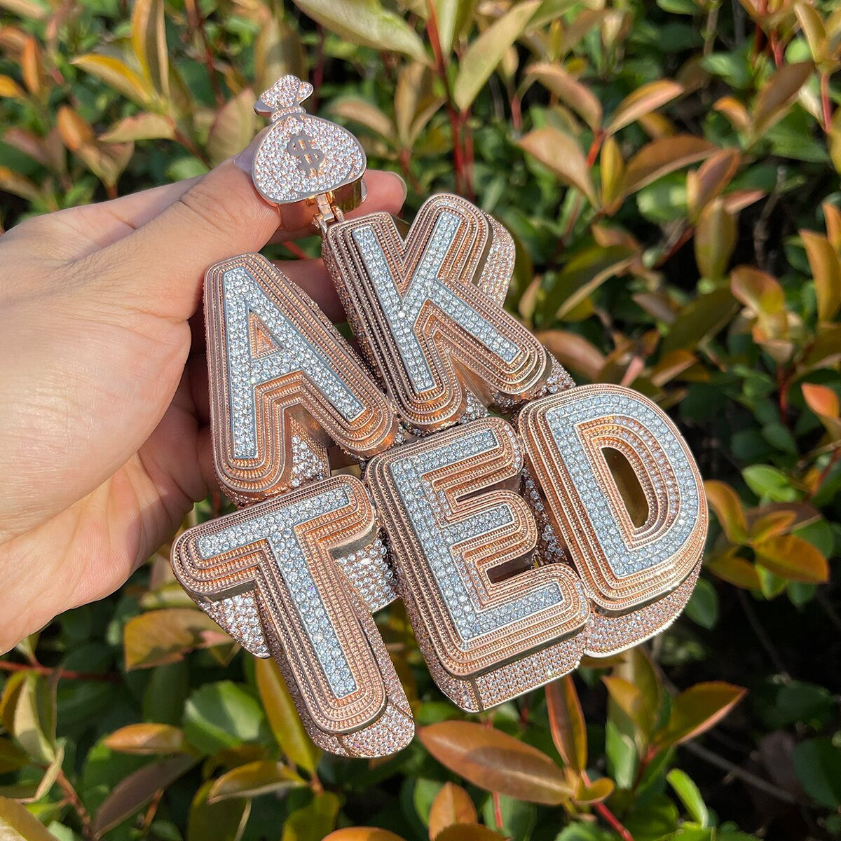 Blinged Out 70's 3D Styling Money Bag Hip Hop Name Plate Pendant