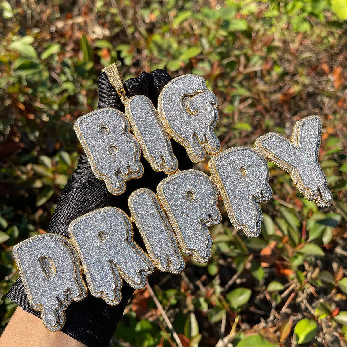 Mens XL Drip Drop Micro Pave Custom 2 Tone Name Plate Hip Hop Personalized Necklace