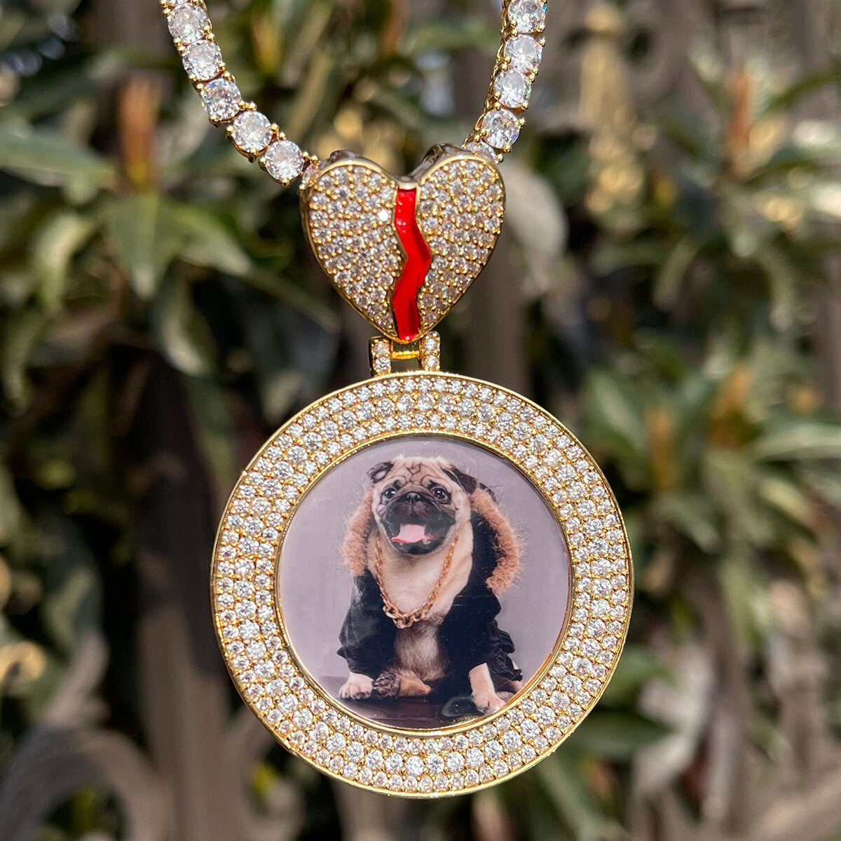 Broken Heart Triple Row Flooded Ice Custom Photo Pendant Hip Hop Chain