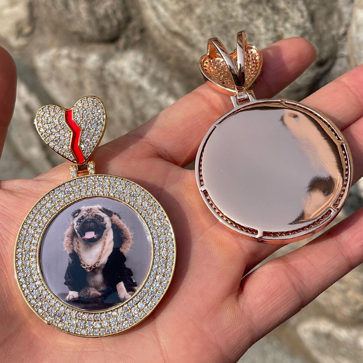 Broken Heart Triple Row Flooded Ice Custom Photo Pendant Hip Hop Chain