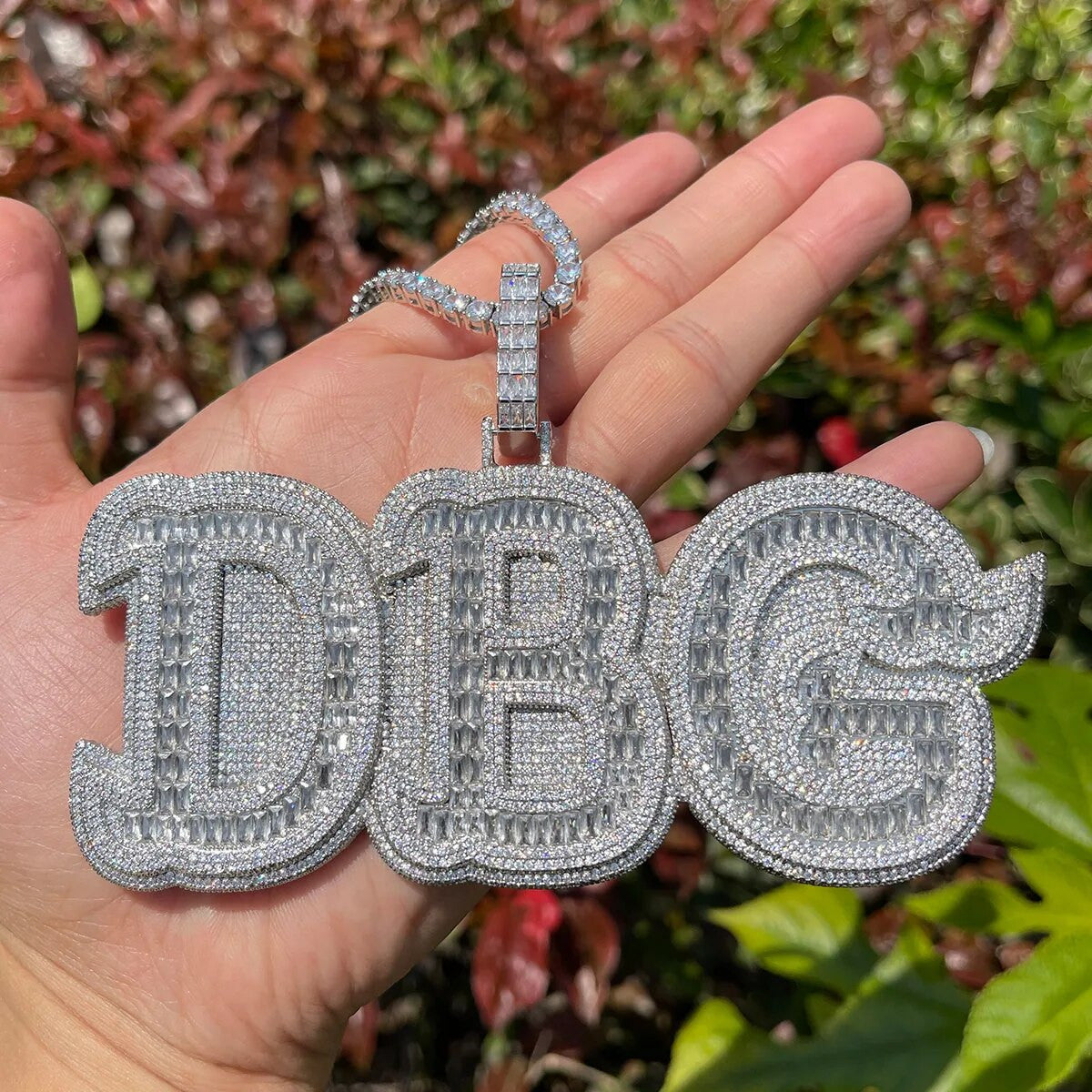 Baguette Crushed Ice Solid Base Custom Made Name Plate Hip Hop Pendant Necklace