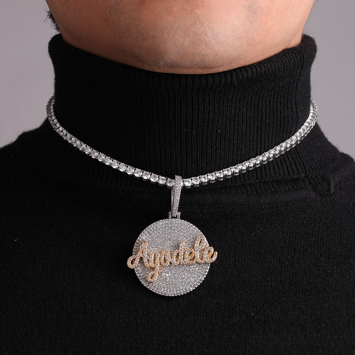 Frozen Ice Custom Circle Name Plate Hip Hop Pendant Chain Necklace