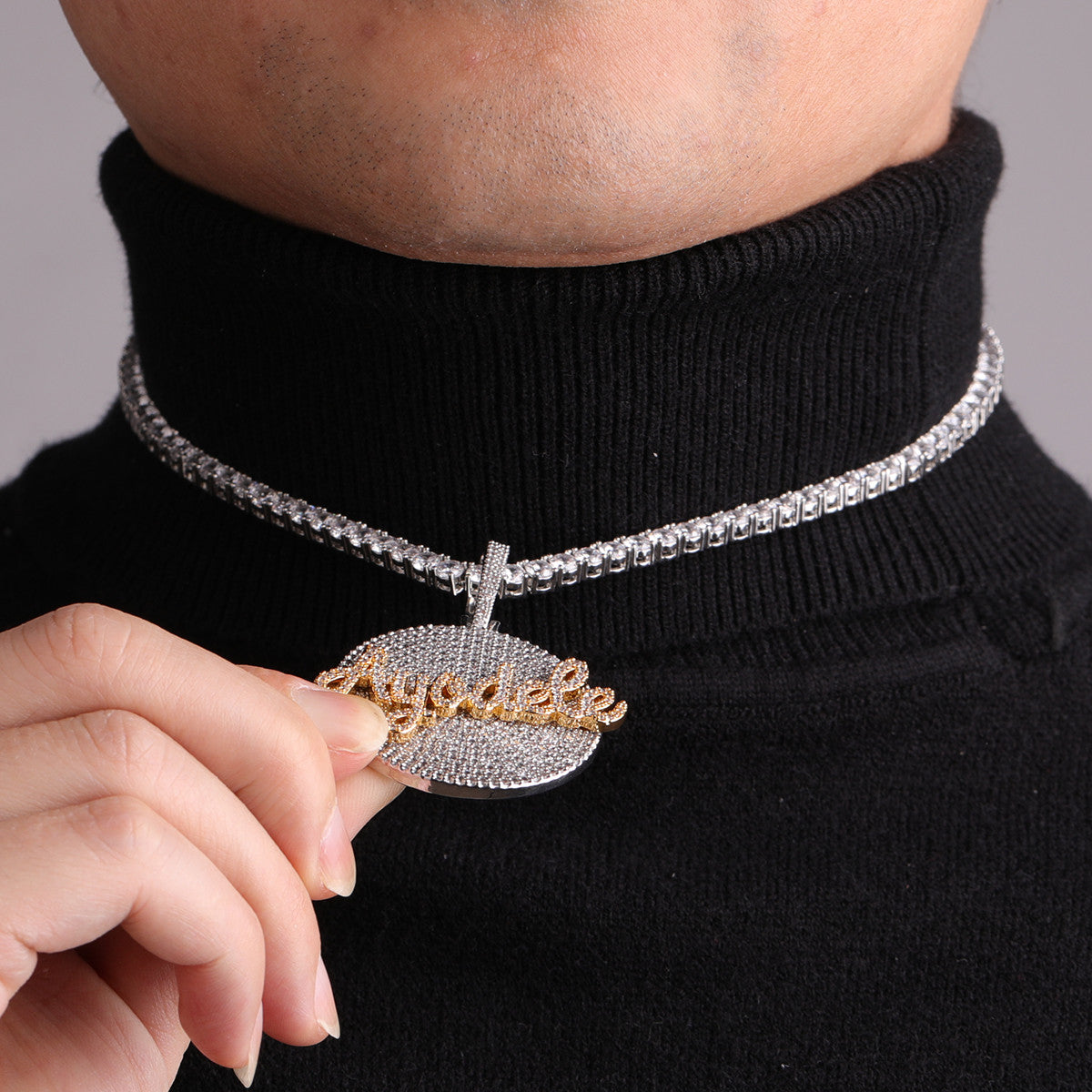 Frozen Ice Custom Circle Name Plate Hip Hop Pendant Chain Necklace