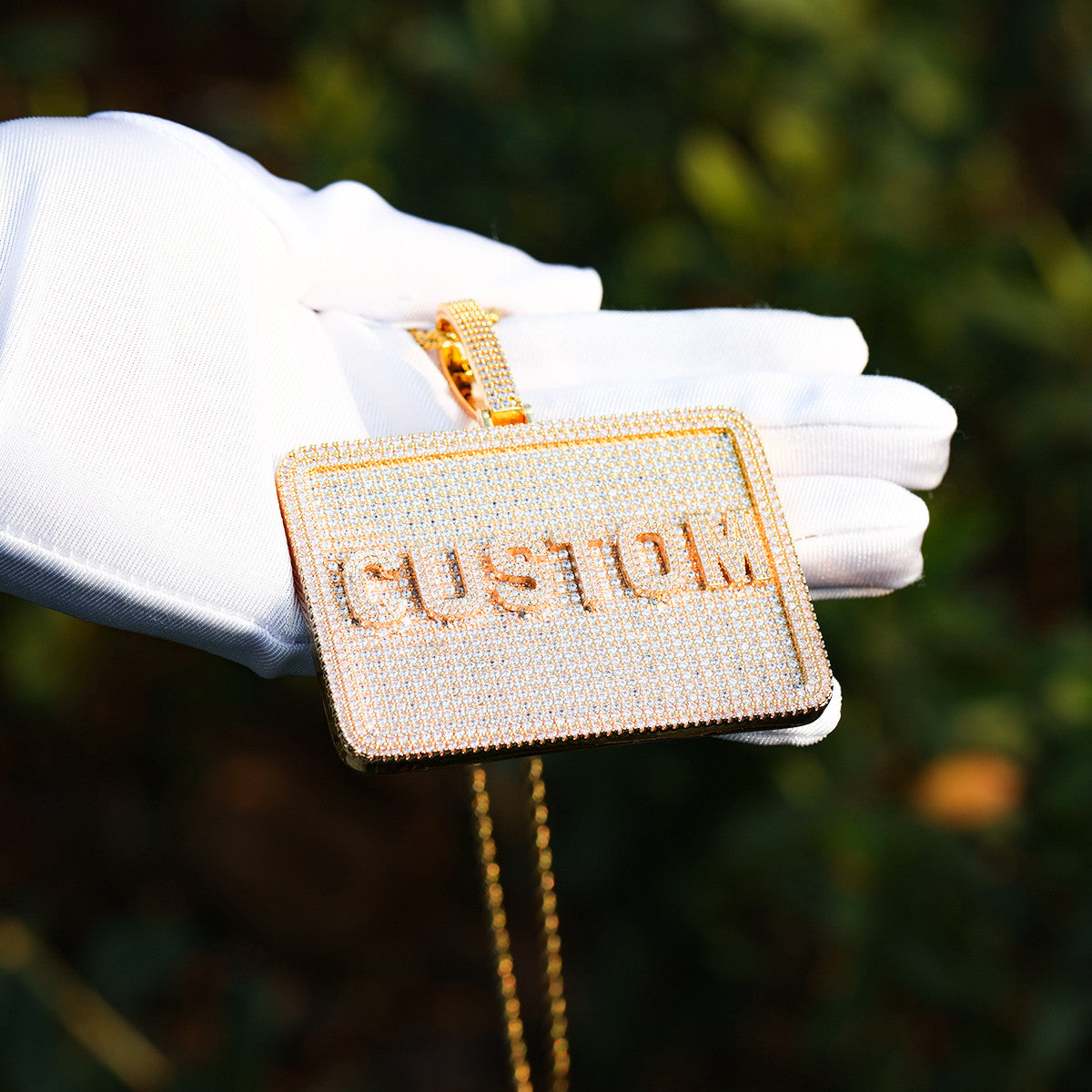 24k Yellow 14k White Gold 5A Stone Custom Made Name Plate Hip Hop Pendant Chain