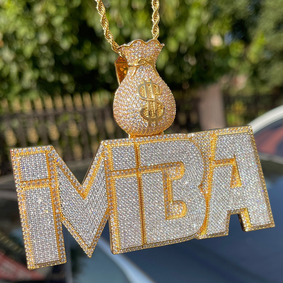 Mr. Money Bags | Flooded Ice Name Plate Custom Made Iced Blinged Out  Pendant