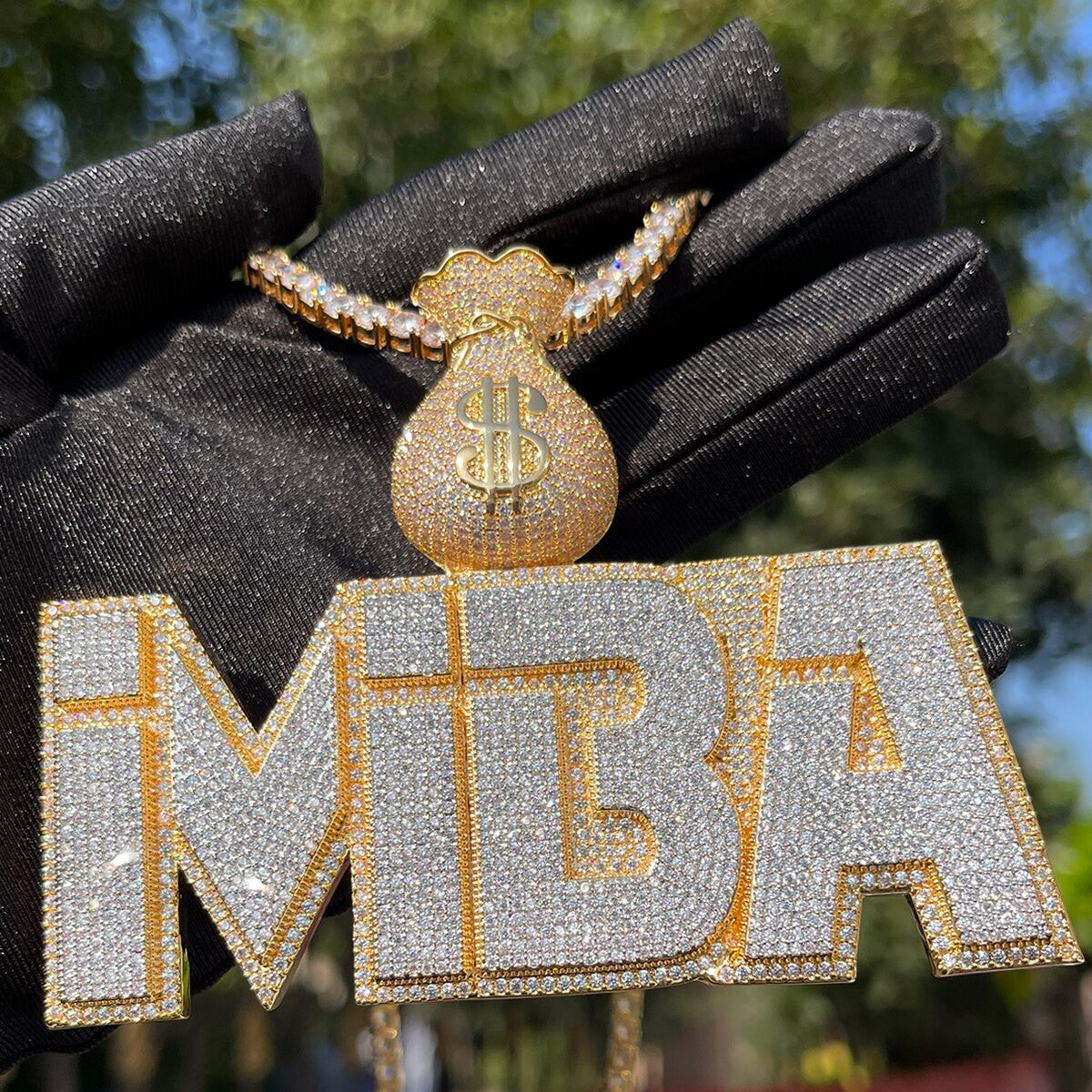 Mr. Money Bags | Flooded Ice Name Plate Custom Made Iced Blinged Out  Pendant