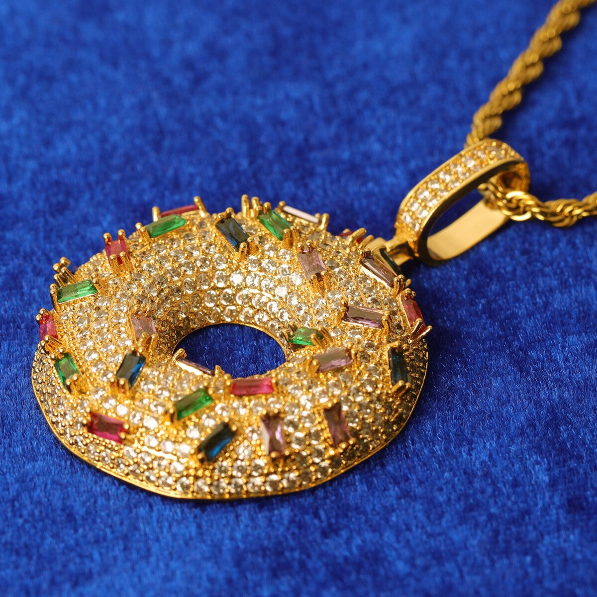 Flooded Ice Gemstone Sprinkles Donut Dough Nut Hip Hop Pendant Chain Necklace