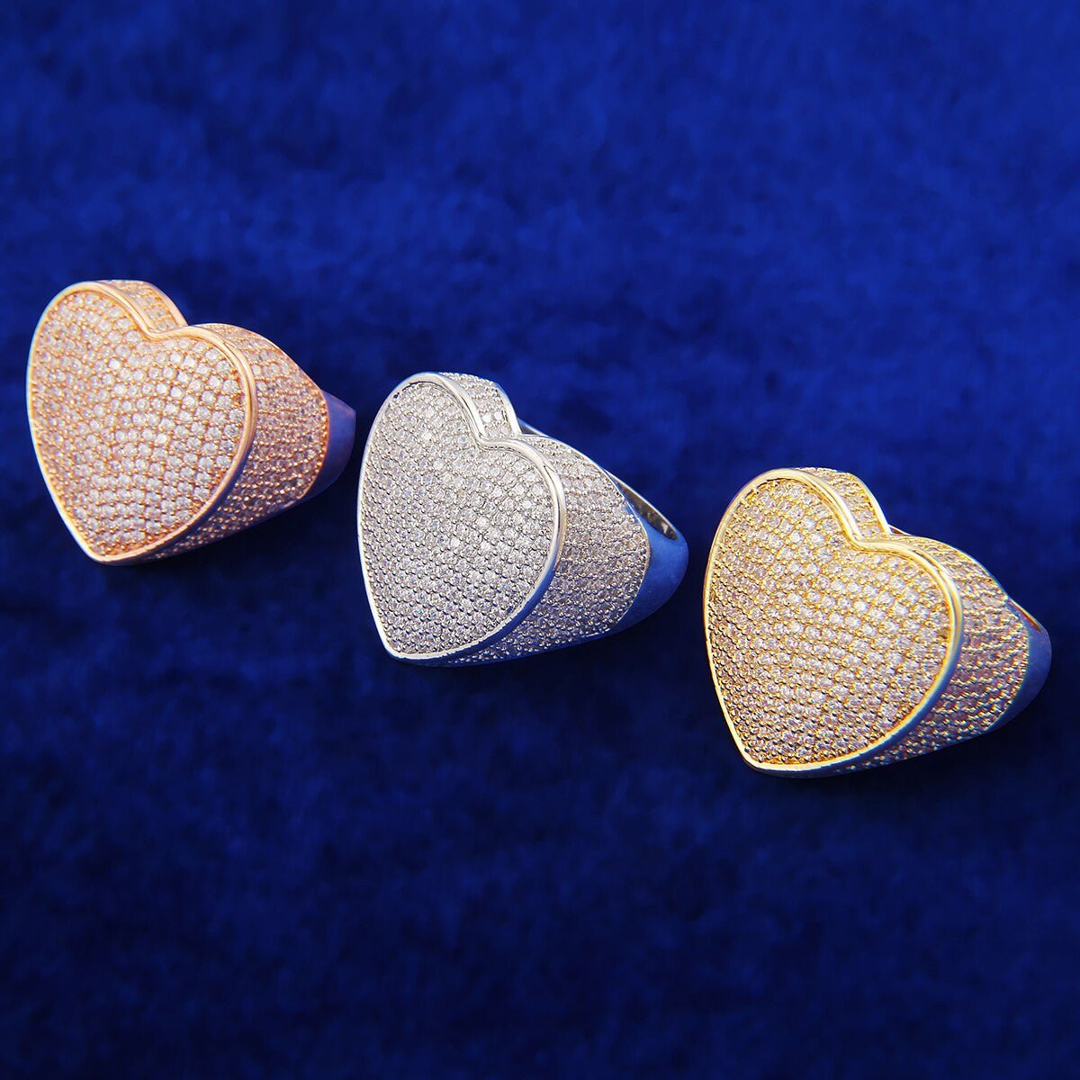  Flooded Ice 5A Micro Pave 24k .925 Silver Rose Gold Heart Rings