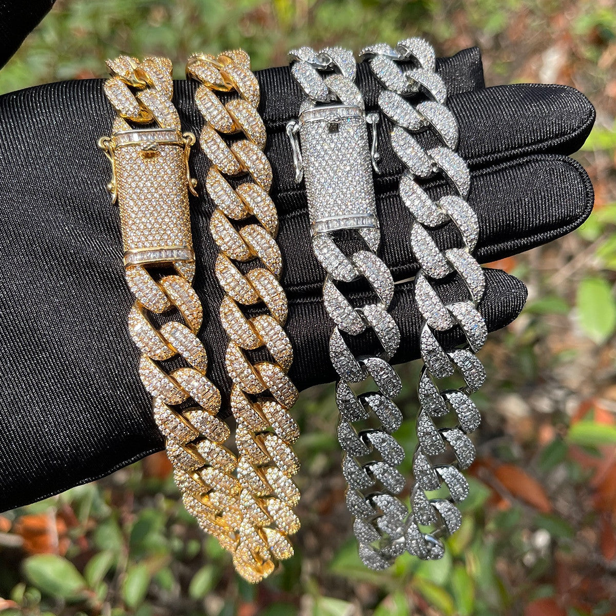 Mens 14mm 24k Gold 925 Silver Wide Cut Cubal Link Hip Hop Chain Necklace