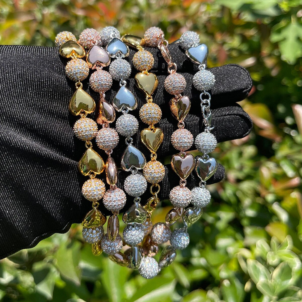 Ladies Prong Set Classic Heart 24k 925 Silver Rose Gold Ball Link Necklace