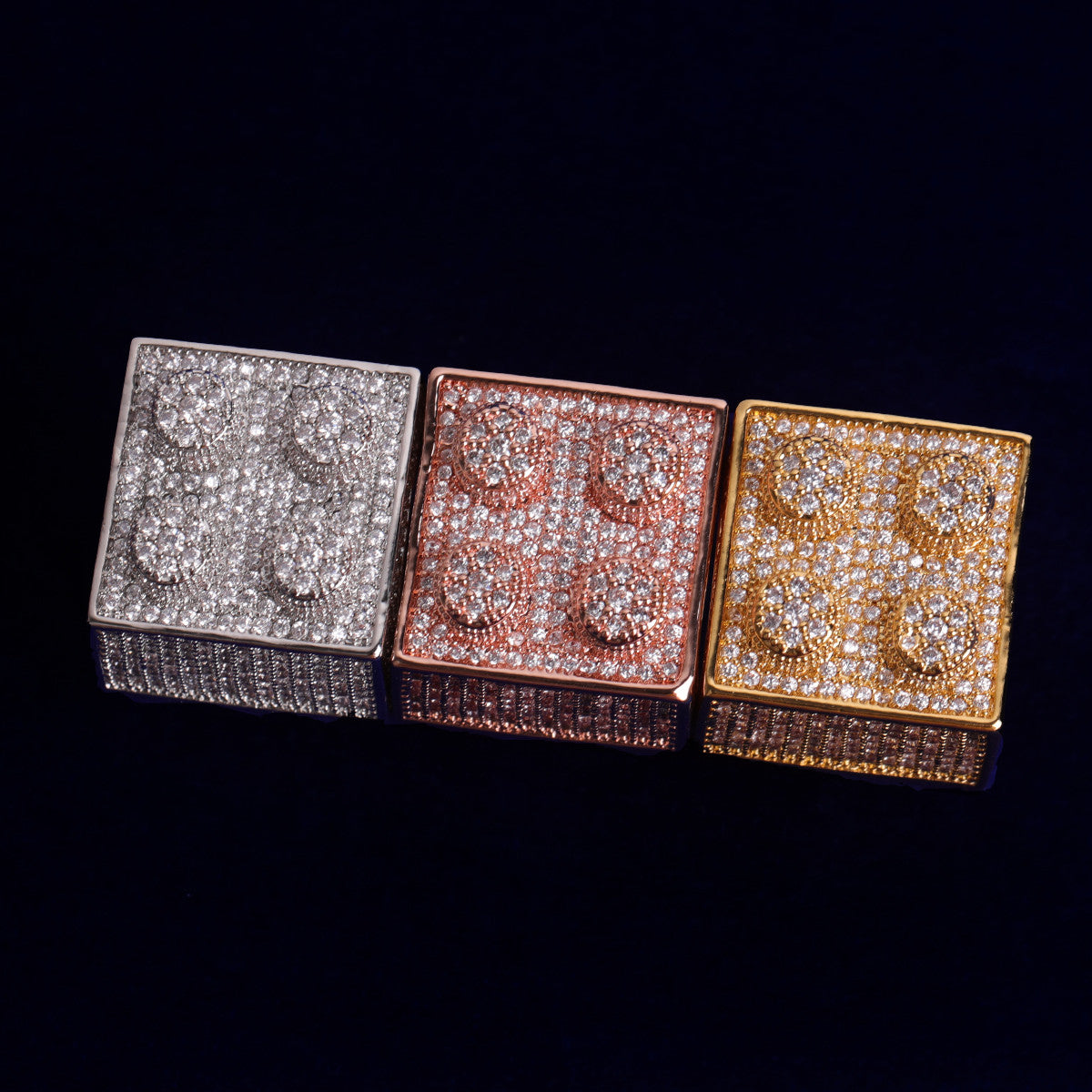 Mens Iced Blocks Star Studded 24k 925 Silver Prong Set Hip Hop Rings