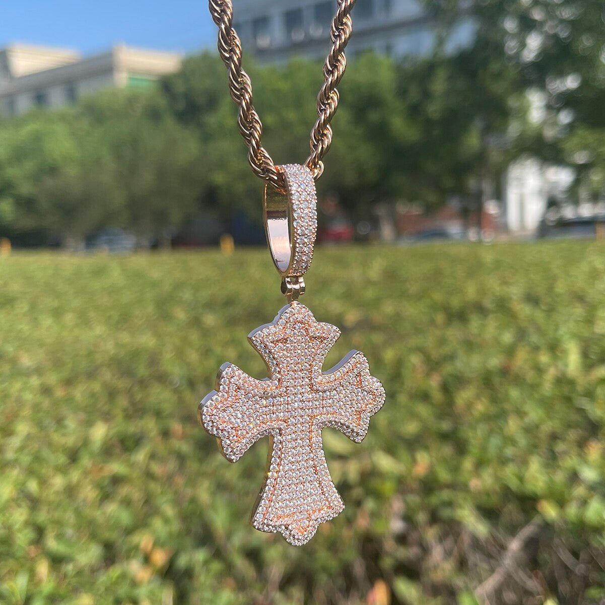 24k Fully Iced Blinged Out Templar Cross Hip Hop Pendant Chain Necklace