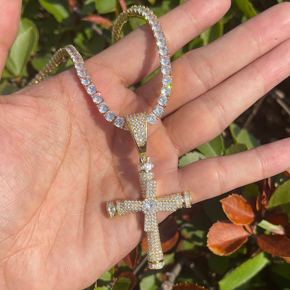 24k Gold 925 Silver Rose Prong Set Cross Within Casual Street Wear Hip Hop Pendant