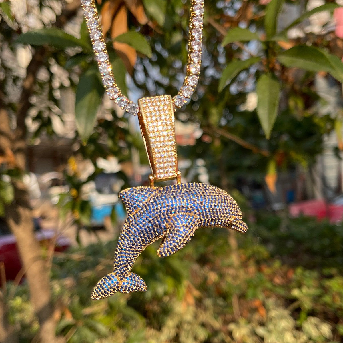 The Blue Ice Dolphin | 18k Gold 925 Silver Hip Hop Street Wear Blinged Out Pendant Chain