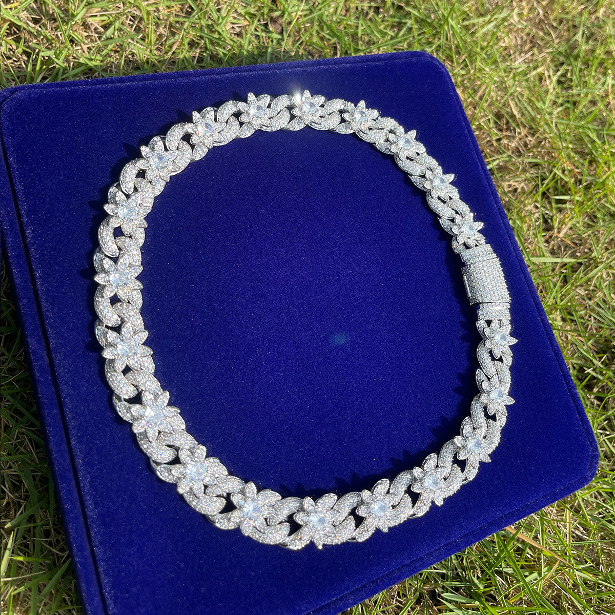 The Cuban Flower | Iced 24k Gold 925 Silver Sunflower Blinged Out Link Necklace