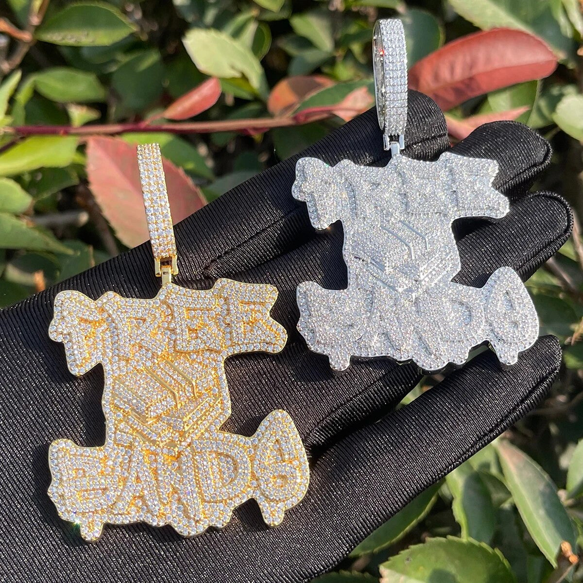 Mens Prong Set Name Plate Style Free Bands Hip Hop 24k Gold 925 Silver Pendant