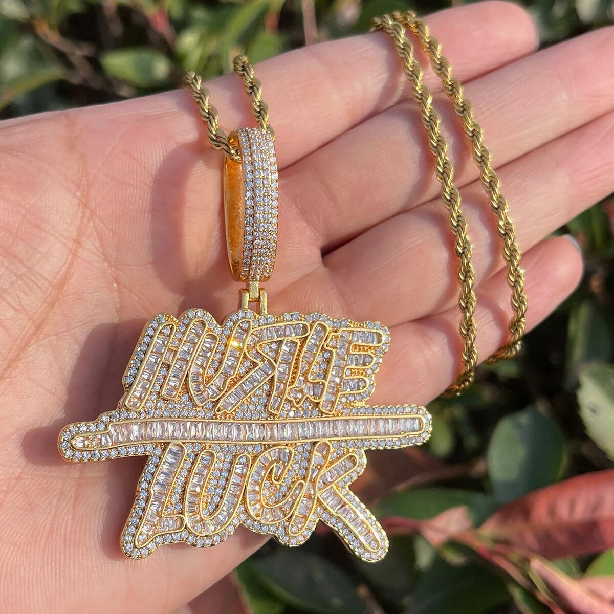 Hustle Over Luck | Hip Hop Name Plate VVS Diamond CZ Baguette Iced Pendant