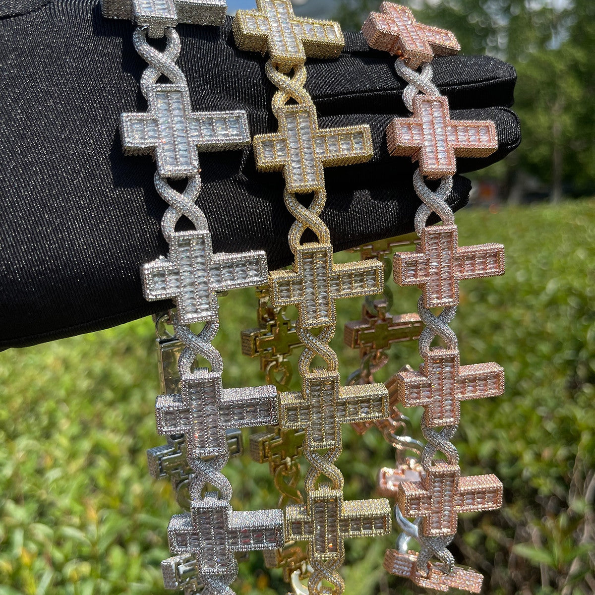Flooded Ice Infinity Cross Baguette Link Hip Hop Pendant Chain Bracelet
