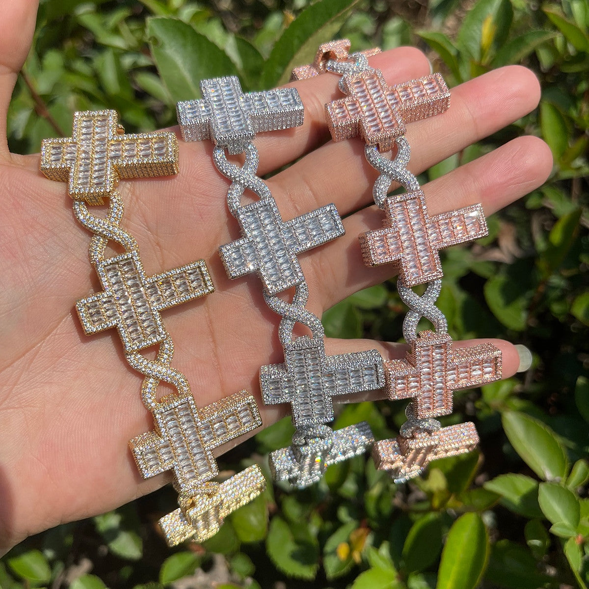 Flooded Ice Infinity Cross Baguette Link Hip Hop Pendant Chain Bracelet