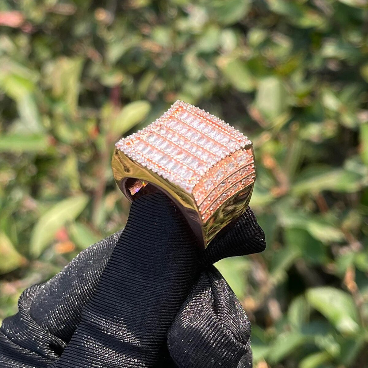 Mens 24k 925 Silver Rose Gold All Iced Baguette Blinged Out Hip Hop Rings