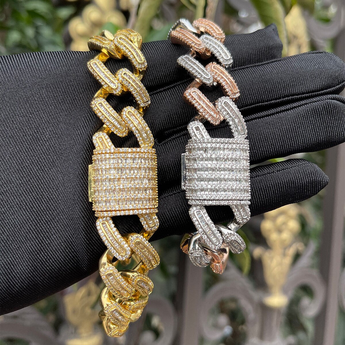 Rose Gold Iced Miami Cuban Link Hip Hop Street Wear Baguette Bracelets