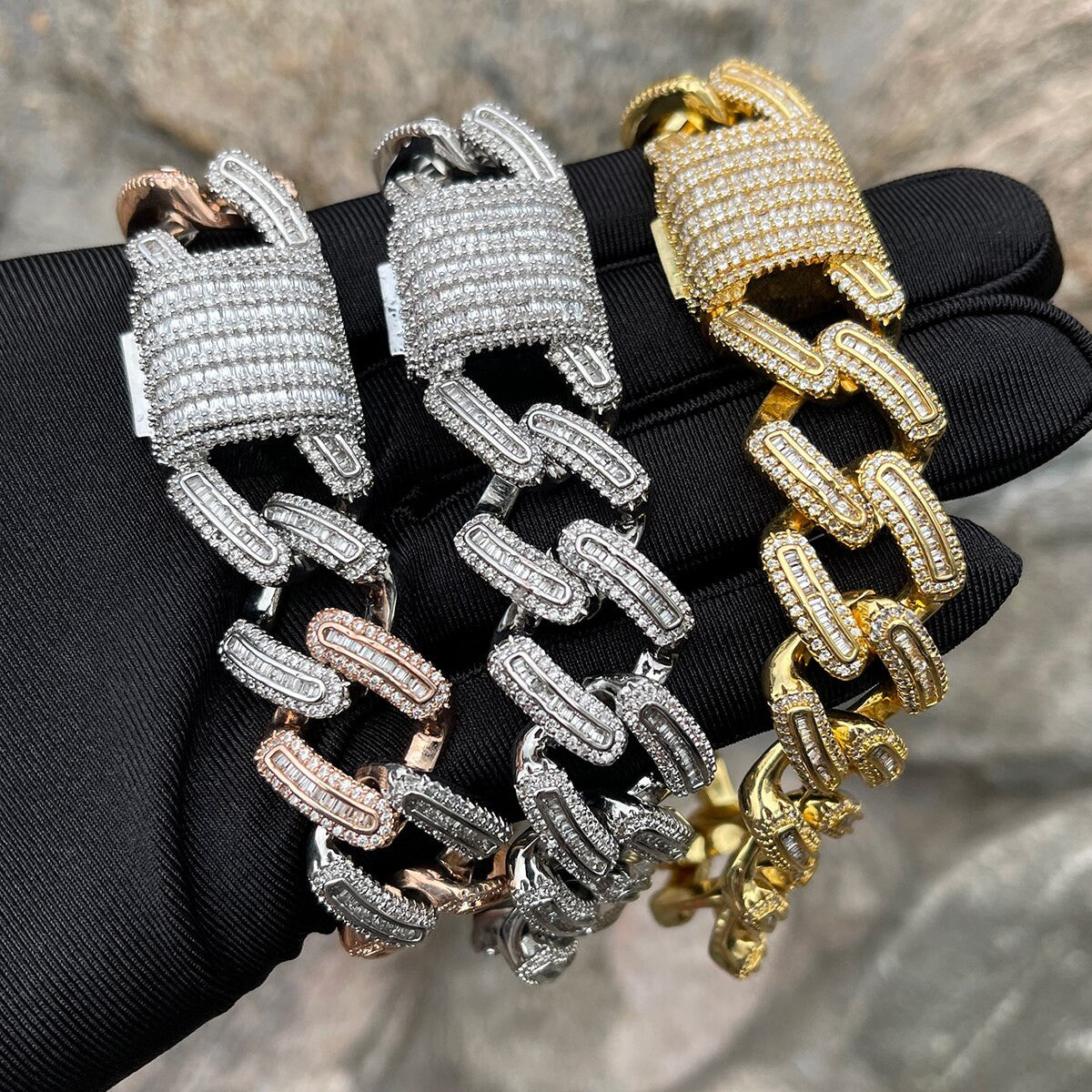Rose Gold Iced Miami Cuban Link Hip Hop Street Wear Baguette Bracelets