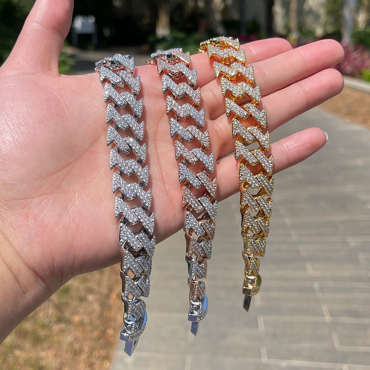 Designer Hip Hop Figaro Link Gold Silver Rose Bling Bracelets