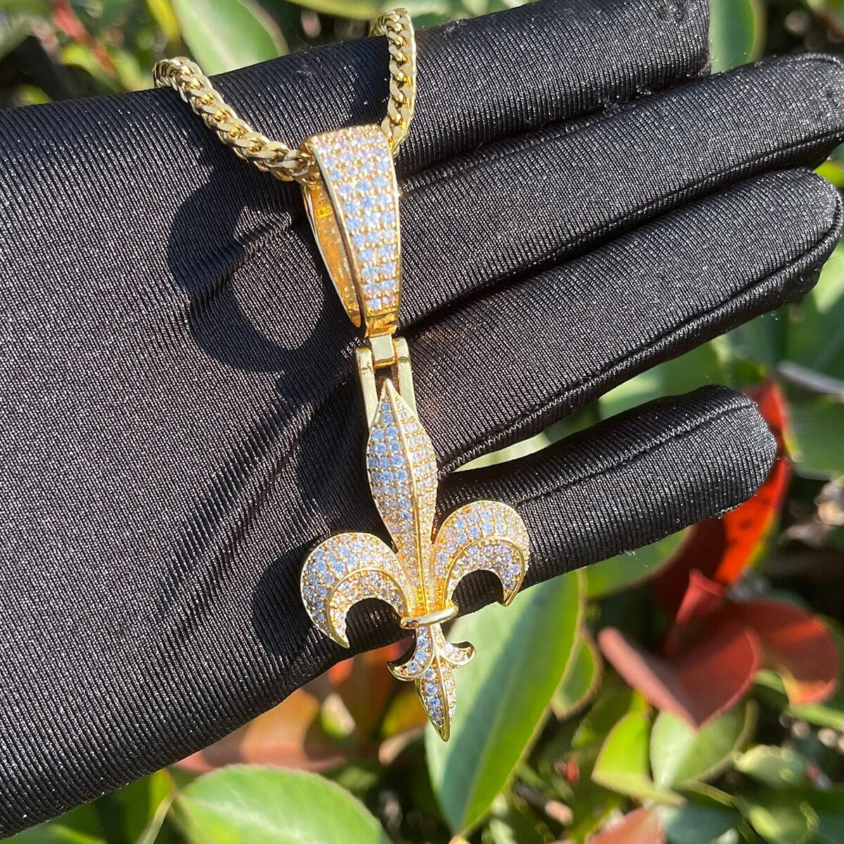 24k Gold 925 Silver Fleur De Lys Prong Set Hip Hop Street Wear Bling Pendant