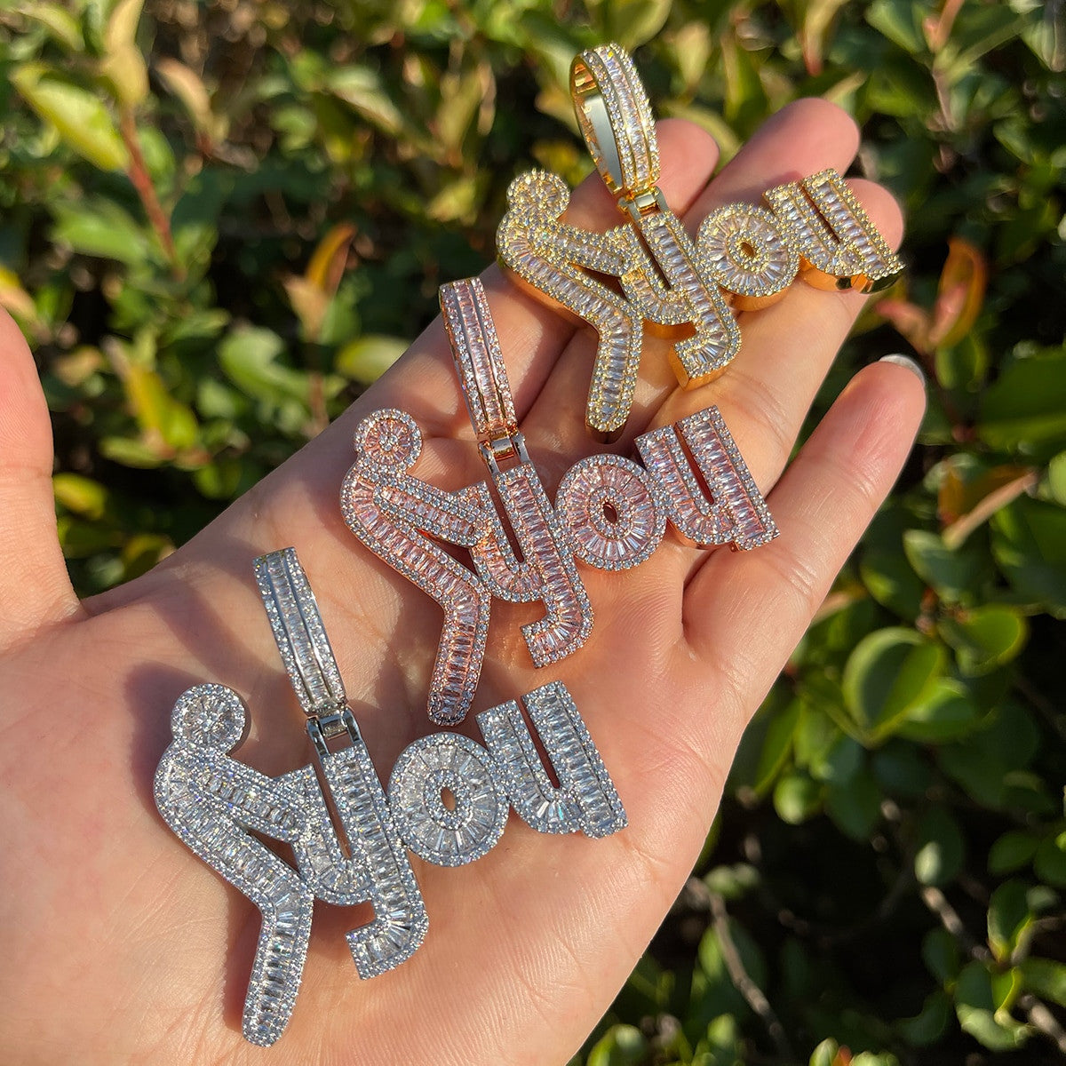 Flooded Ice Fu*k You Baguette Iced Blinged Out 24k 925 Silver Rose Gold Hip Hop Pendant