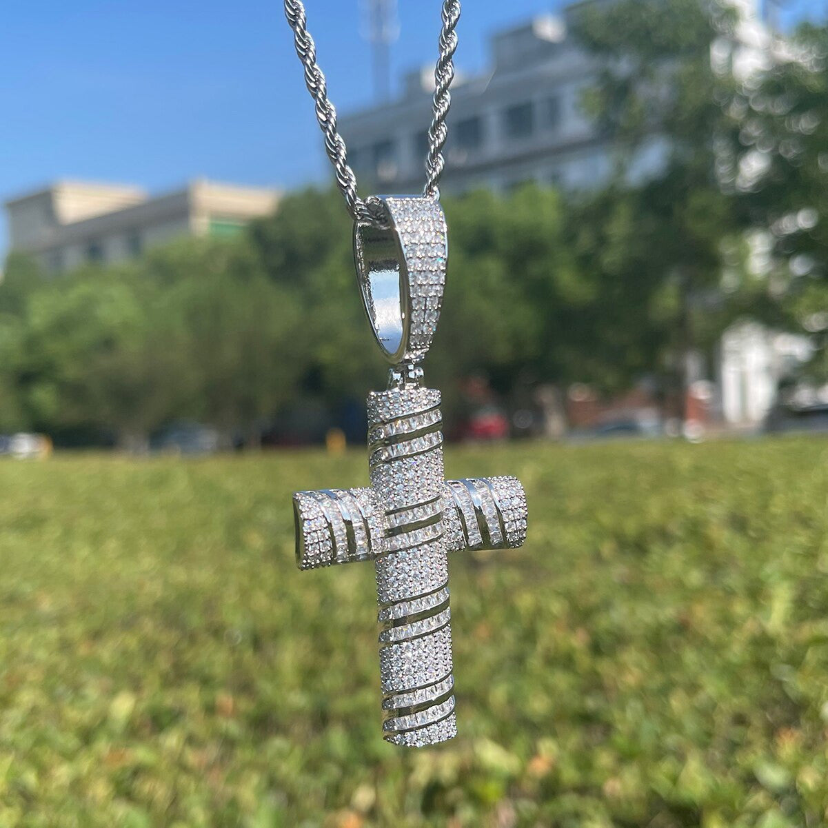 Mens Fully Iced Blinged Out Prong Set 24k Gold Silver Rose Hip Hop Cross Pendant