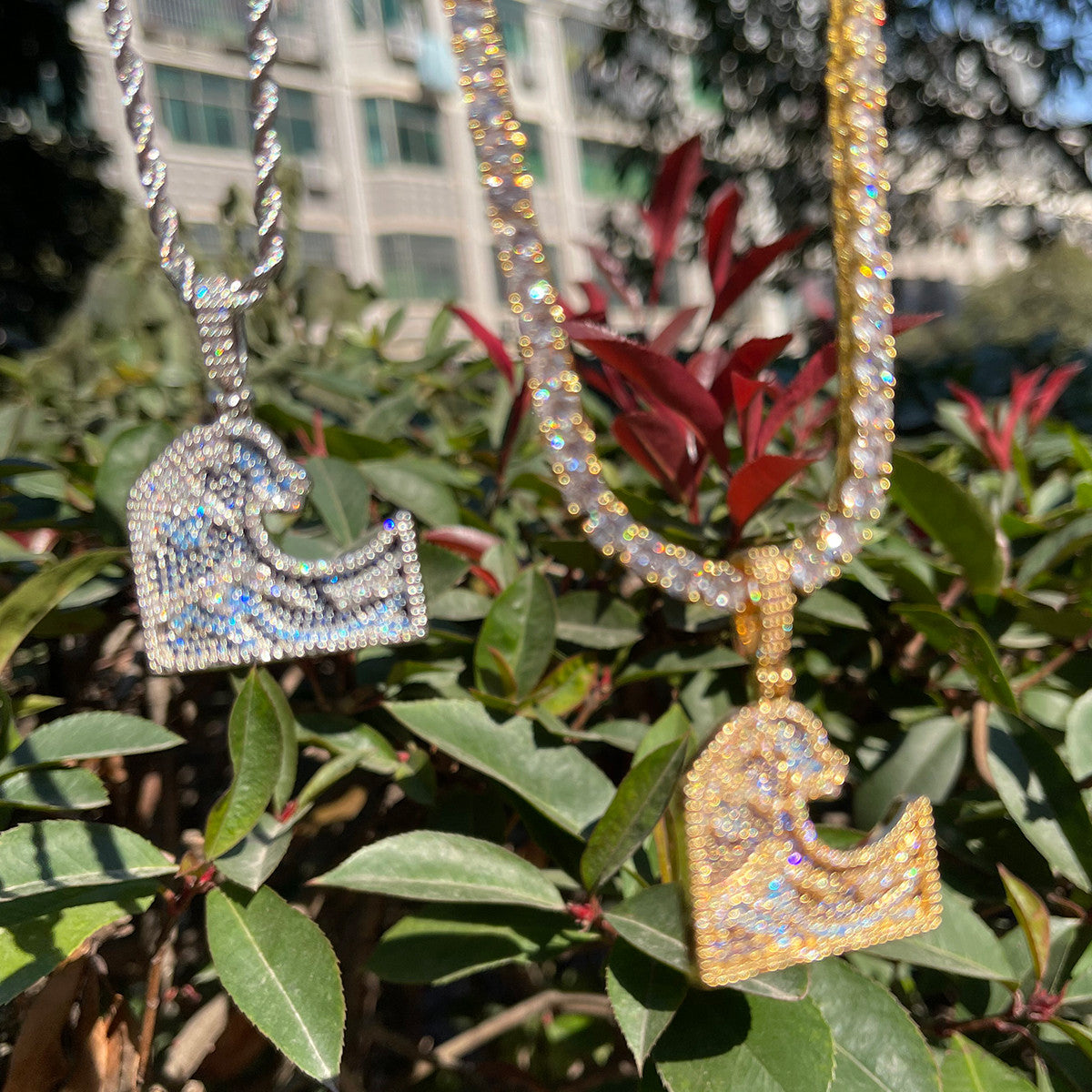 The Great Wave Off Kanagawa | Iced Inspirational Blinged Out Flooded Ice Pendant Chain Necklace