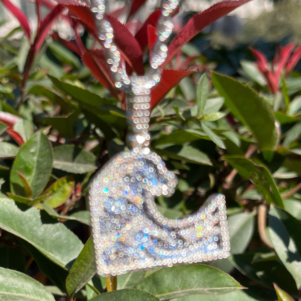 The Great Wave Off Kanagawa | Iced Inspirational Blinged Out Flooded Ice Pendant Chain Necklace