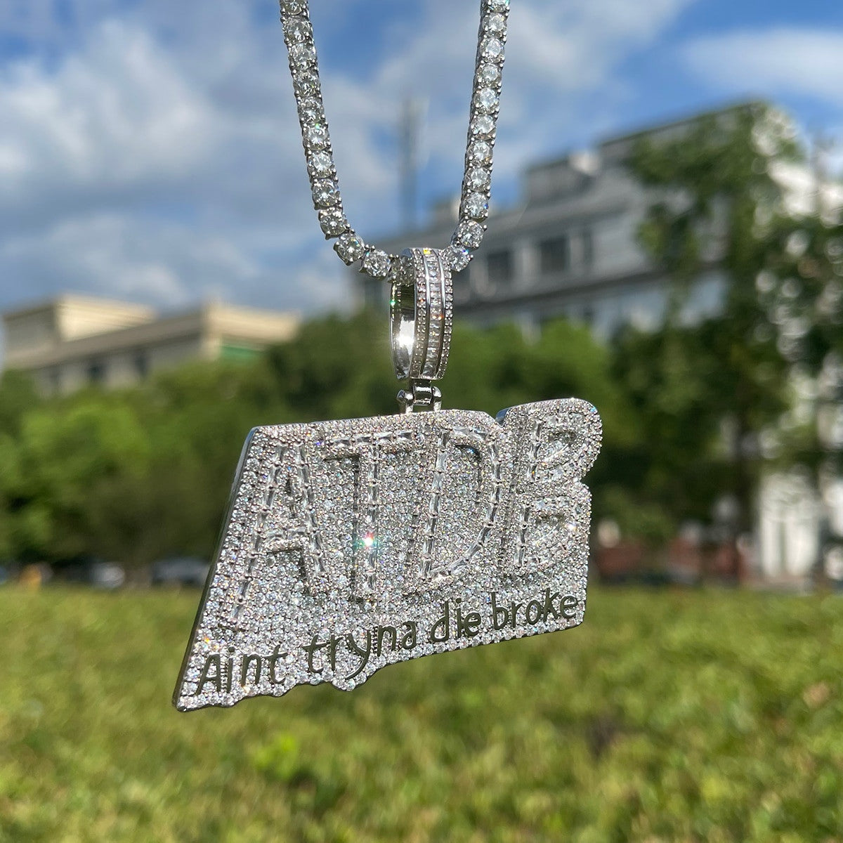 ATDB | Aint Tryna Die Broke Flooded Ice Hip Hop Name Plate VVS Diamond CZ Pendant